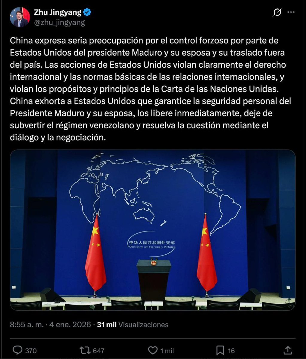¡GRAN NOTICIA DESDE PEKÍN! 🇨🇳🇻🇪 

China rompe el silencio y lanza FUERTE comunicado: "Exigimos a EE.UU. la liberación INMEDIATA del presidente legítimo Nicolás Maduro y el cese total de toda injerencia en los asuntos internos de Venezuela".

El gigante asiático advierte: