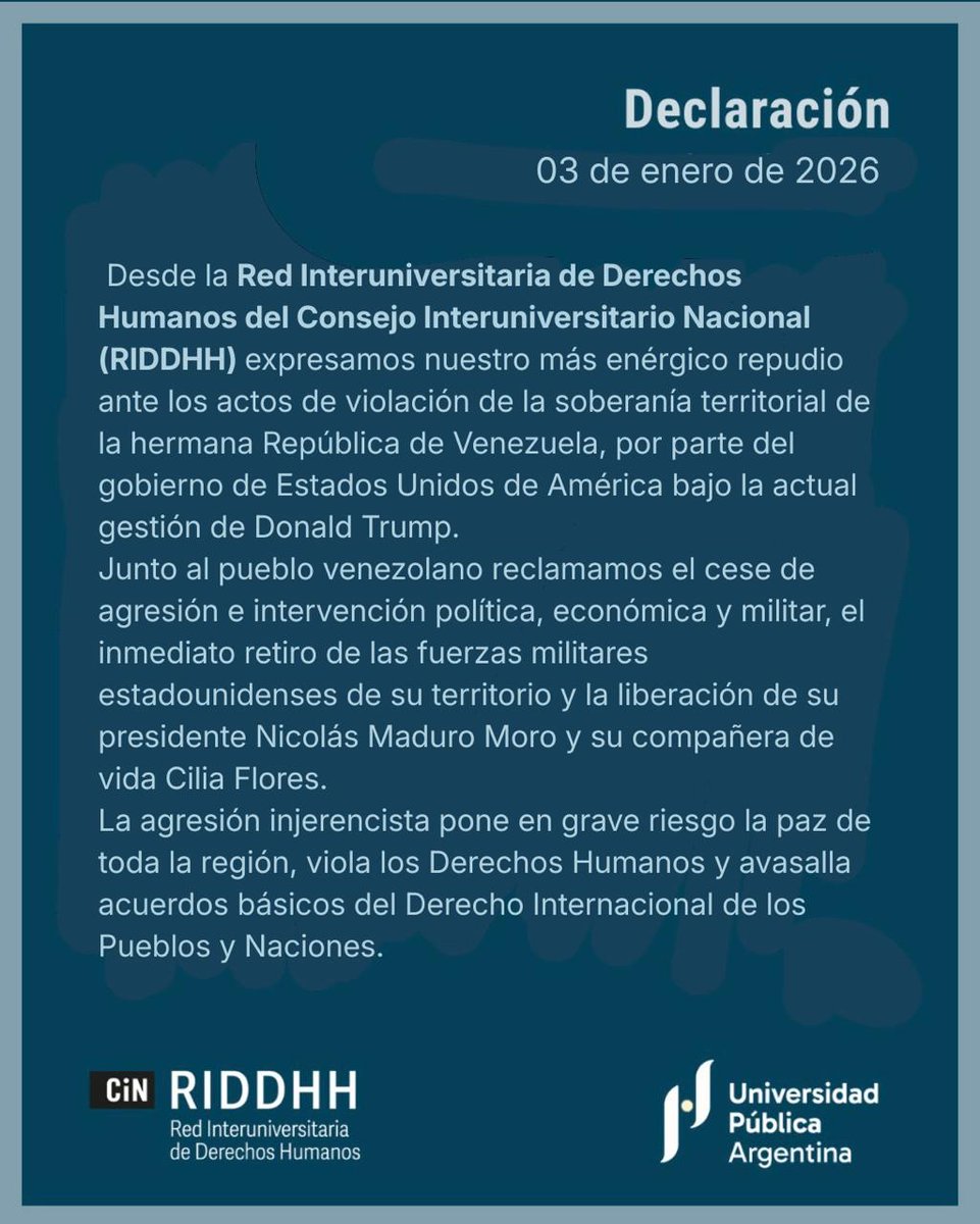 Adhiero a las numerosas declaraciones de repudio al acto de guerra del gobierno de Donald Trump en Venezuela, que violando leyes internacionales pone en grave riesgo la paz de toda la región.
una.edu.ar/noticias/decla…

clacso.org/la-paz-en-vene…