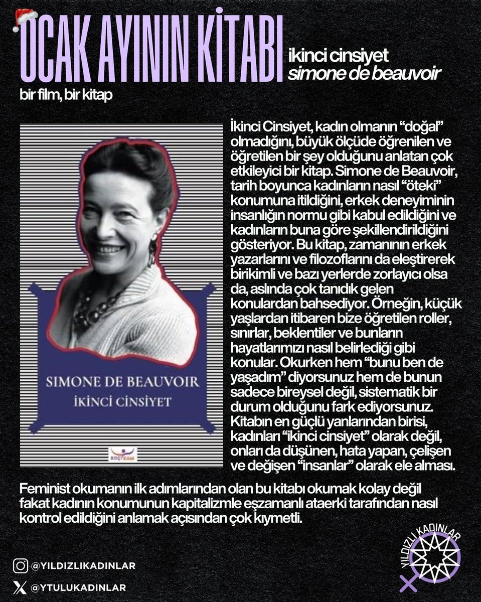 💜 Yıldızlı Kadınlardan ocak ayının önerileri: bir film, bir kitap. 
🎬 Persepolis (2007)
📖 İkinci Cinsiyet, Simone de Beauvoir