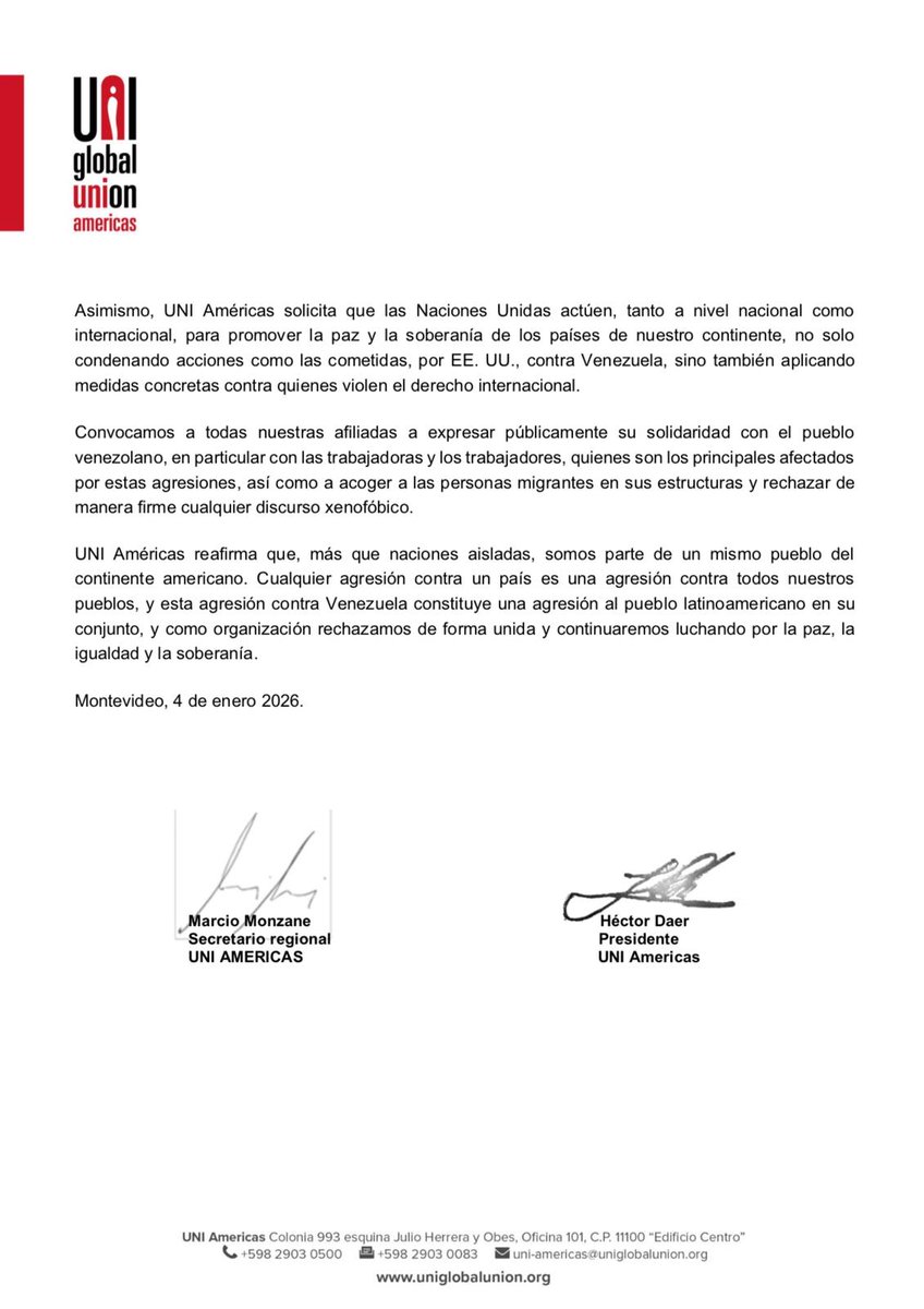 Desde UNI Américas condenamos la agresión contra Venezuela y reafirmamos nuestro compromiso con la paz, la soberanía y la autodeterminación de los pueblos.