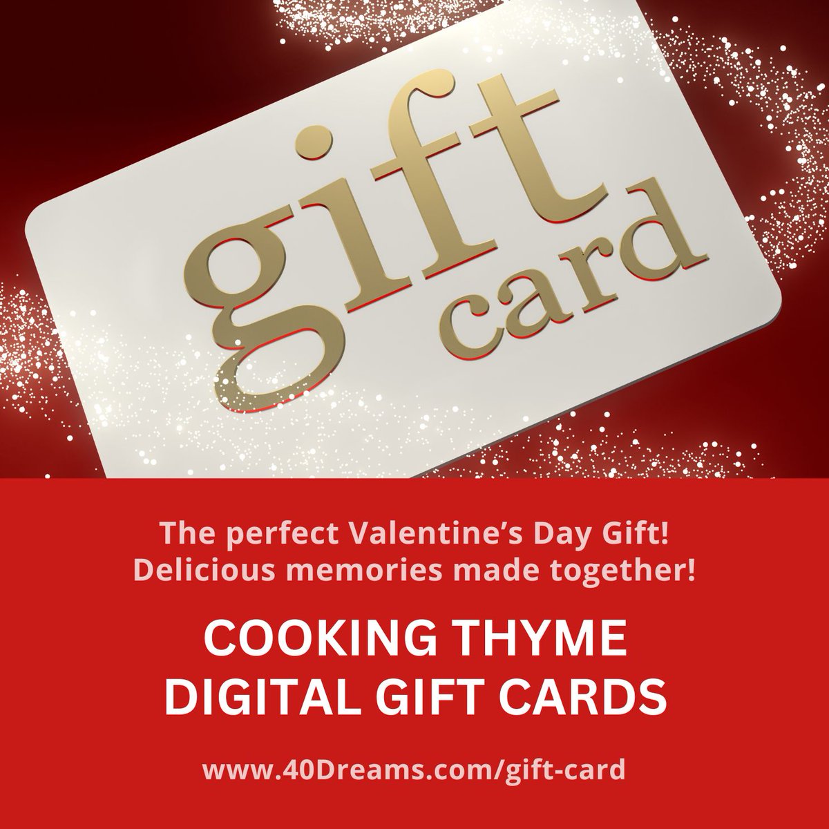 The Perfect #ValentinesDayGift ❤️

Not sure what to get your sweetheart this year? 

#CookingThyme #DigitalGiftCards are the perfect way to say “I love you”—with delicious memories made together.
Instant. Thoughtful. Unforgettable.

40Dreams.com/gift-card

#CouplesClasses
