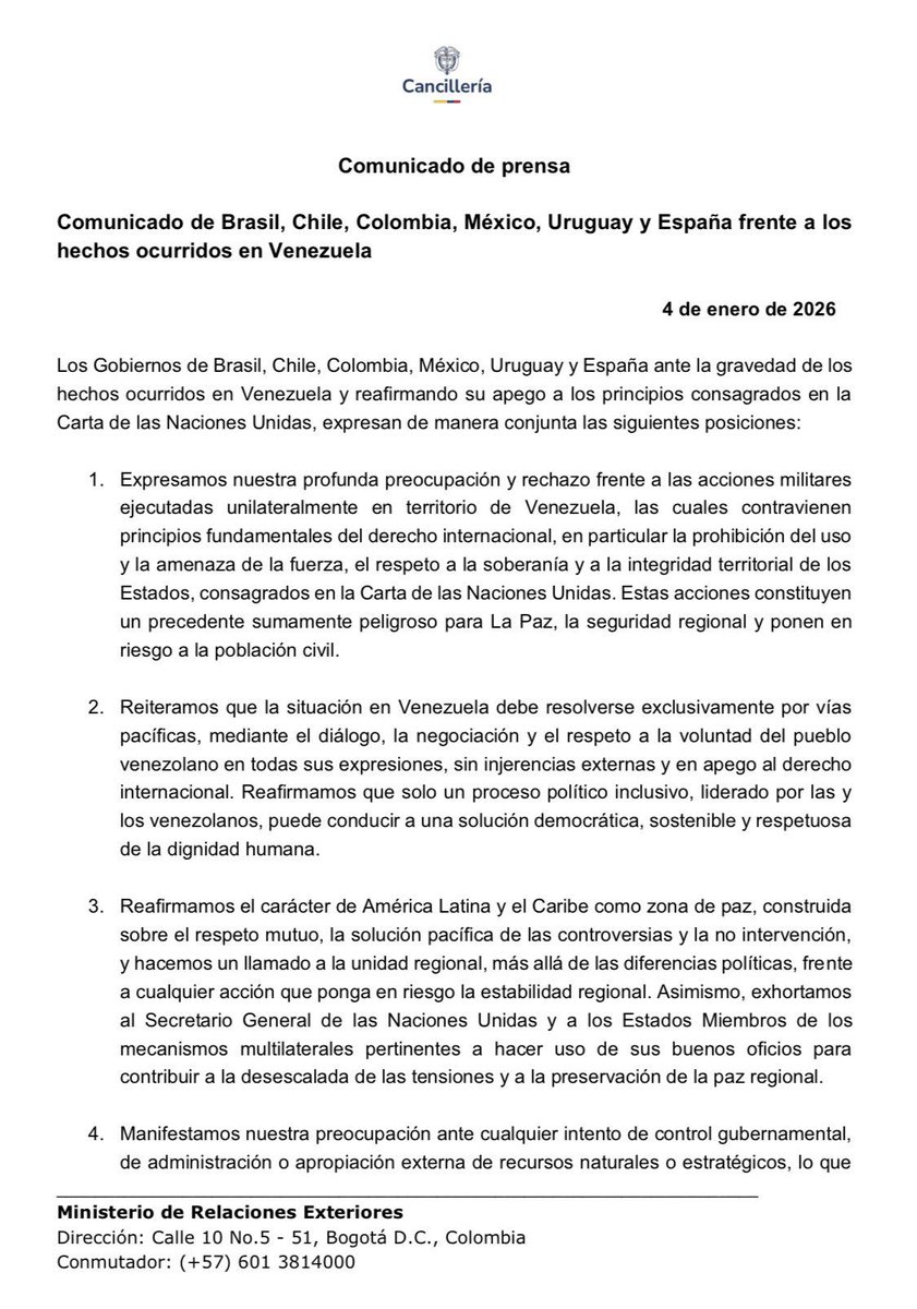 eixopolitico's tweet image. 🇧🇷🇨🇱🇨🇴🇲🇽🇺🇾🇪🇸 Brasil, Chile, Colômbia, México, Uruguai e Espanha divulgam comunicado conjunto sobre a Venezuela.

Governos de esquerda expressam preocupação e rejeição às ações militares dos EUA na Venezuela, afirmam que elas violam o direito internacional e defendem que a crise…
