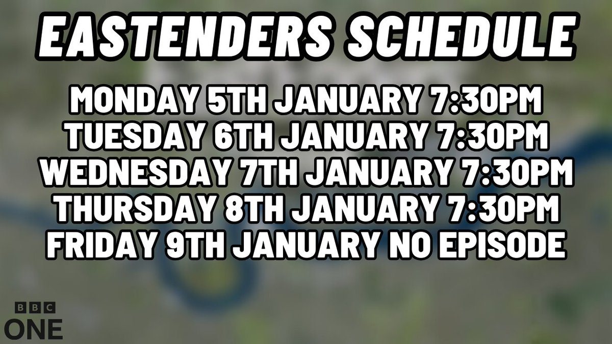 This Week's Eastenders Schedule 

Monday 5th January 7:30pm
Tuesday 6th January 7:30pm
Wednesday 7th January 7:30pm
Thursday 8th January 7:30pm
Friday 9th January NO EPISODE

#Eastenders #BBCEastenders  #EastendersSchedule <a href="/bbceastenders/">BBC EastEnders</a> <a href="/BBCOne/">BBC One</a>