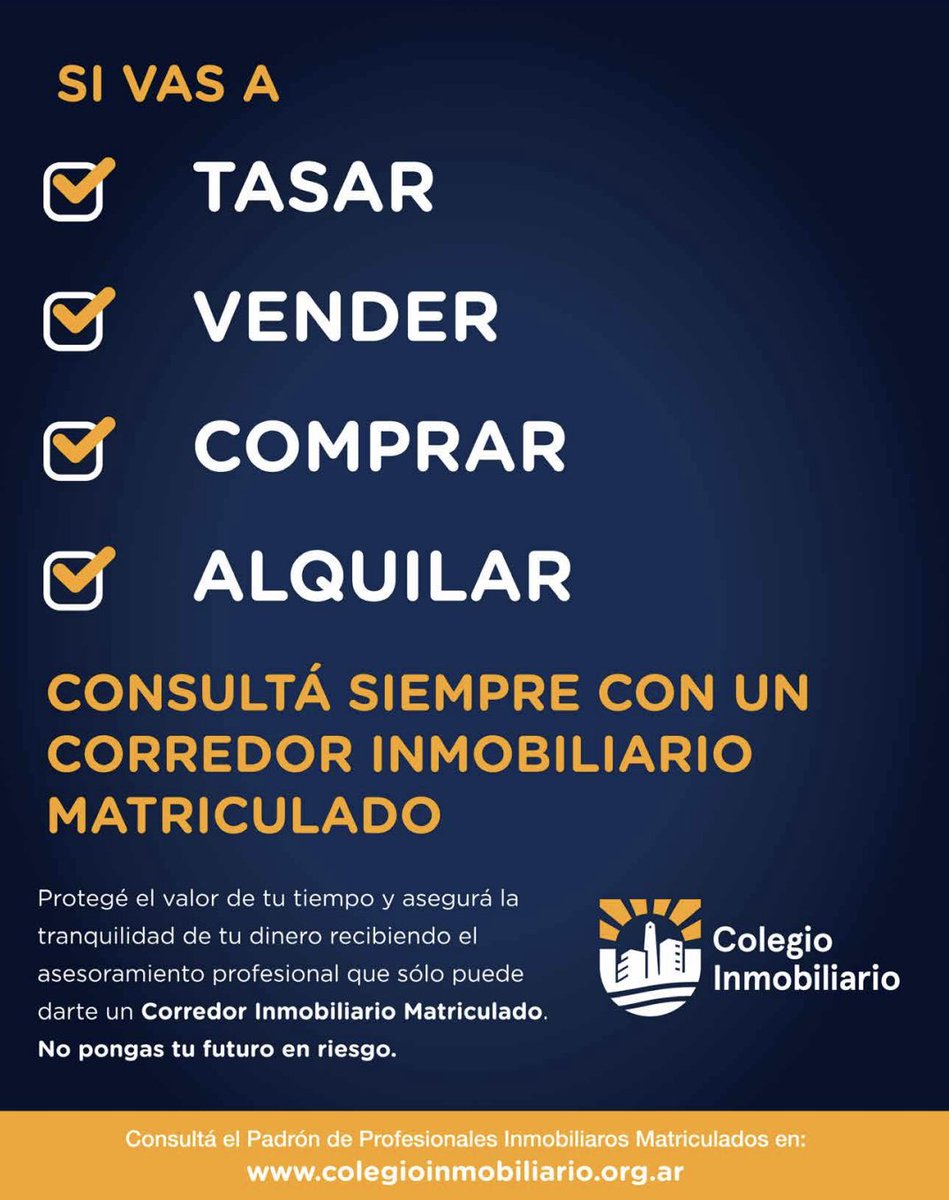 🔑 Si vas a tasar, vender, comprar o alquilar…
✅ Hacelo bien ✅ Hacelo seguro ✅ Hacelo con respaldo profesional.  👨‍💼🏢 Consultá siempre con un Corredor Inmobiliario Matriculado. Es quien protege tu tiempo, tu dinero y tu tranquilidad. 🚫 No pongas tu futuro en riesgo.