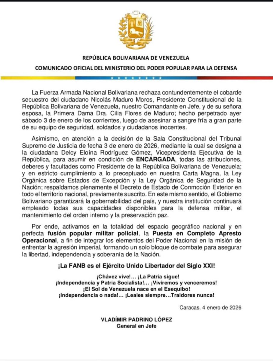 Comunicado oficial de la Fuerza Armanda Nacional Bolivariana (FANB) en el que rechaza contundentemente el ataque hacia nuestra soberanía y respalda de forma categórica a la Vicepresidenta Ejecutiva Delcy Rodríguez en su condición de Presidenta encargada.