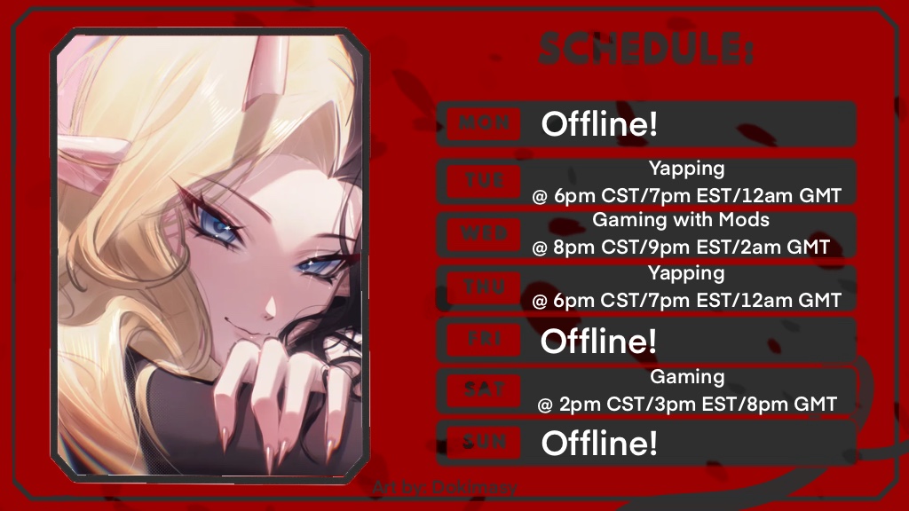 Schedule for Jan 5th-Jan 11th! Can’t wait to see y’all for the first stream of the new year!
#samusscheduling #samusarting