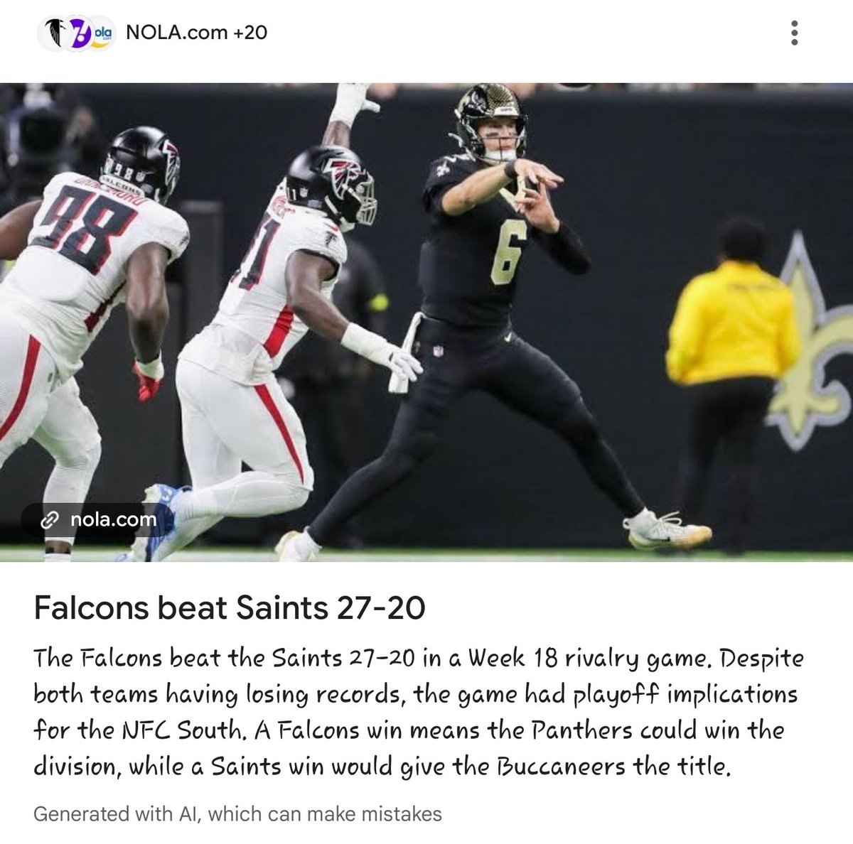 IfItAintDatDude's tweet photo. Did Ai leaking week 18 scores before the game in this article headline #Saints #rigged

https://t.co/uf1WgiSceL https://t.co/L2AqabmVu0