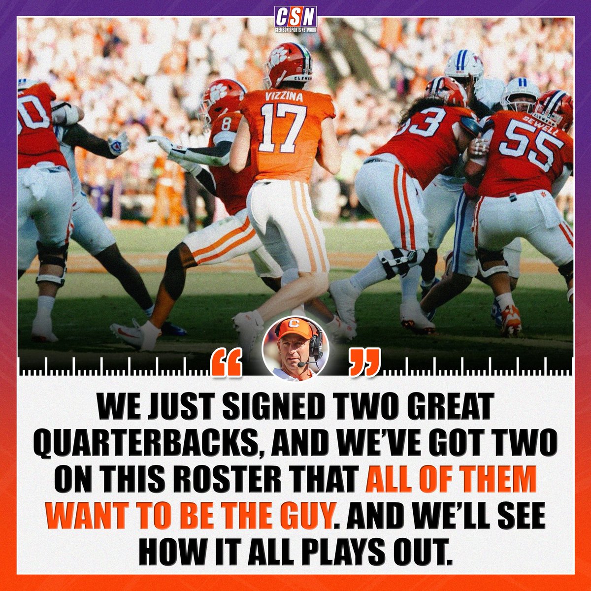 ClemsonSportNet's tweet image. Dabo and new OC Chad Morris are reportedly dead set on sticking with in house talent at the QB position, as first reported by Larry Williams this morning.

Dabo has stated that it will be open season for competition but it seems as though Vizzina is his guy, for now at least.…