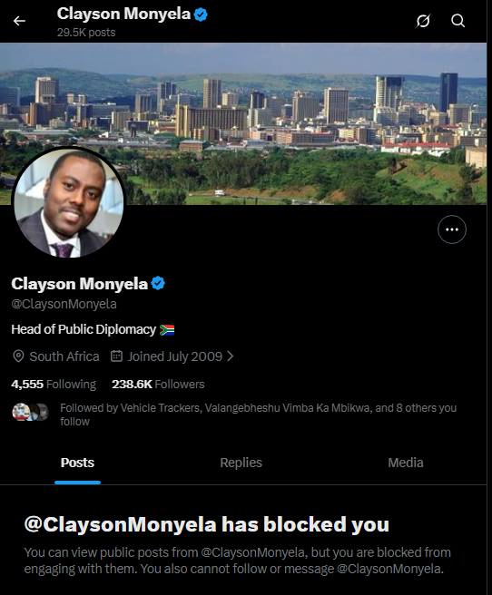 Sleep soundly at night knowing <a href="/ClaysonMonyela/">Clayson Monyela</a> is running public diplomacy for South Africa.  as Deputy Director General, he blocks you the second you point out his kak. Real pinnacle of diplomatic maturity and openness right there.