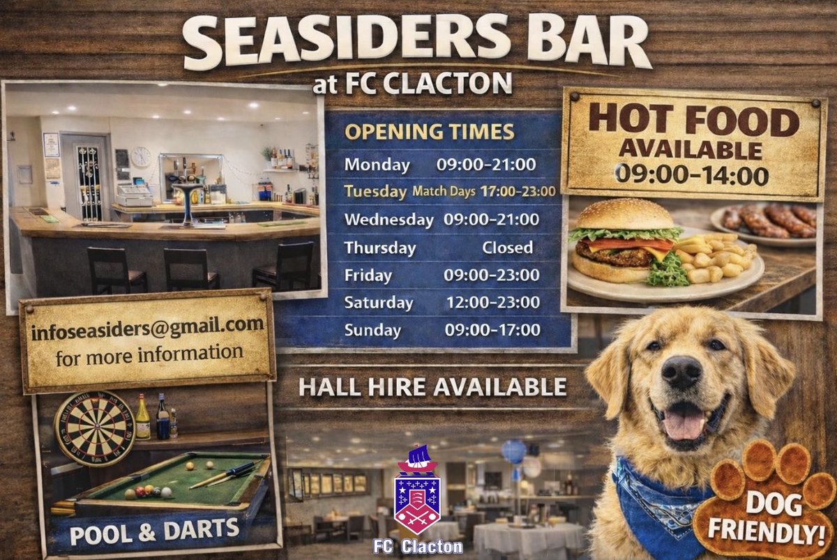 🍻 Welcome to Seasiders Bar at FC Clacton! 

Your local spot for great drinks, hot food, pool &amp; darts, matchdays, and even dog-friendly vibes .

Pop in, bring your friends (and your dog!), and make Seasiders Bar your go-to place by the coast!🌊

#Seasiders #Clacton #Essex #NewEra
