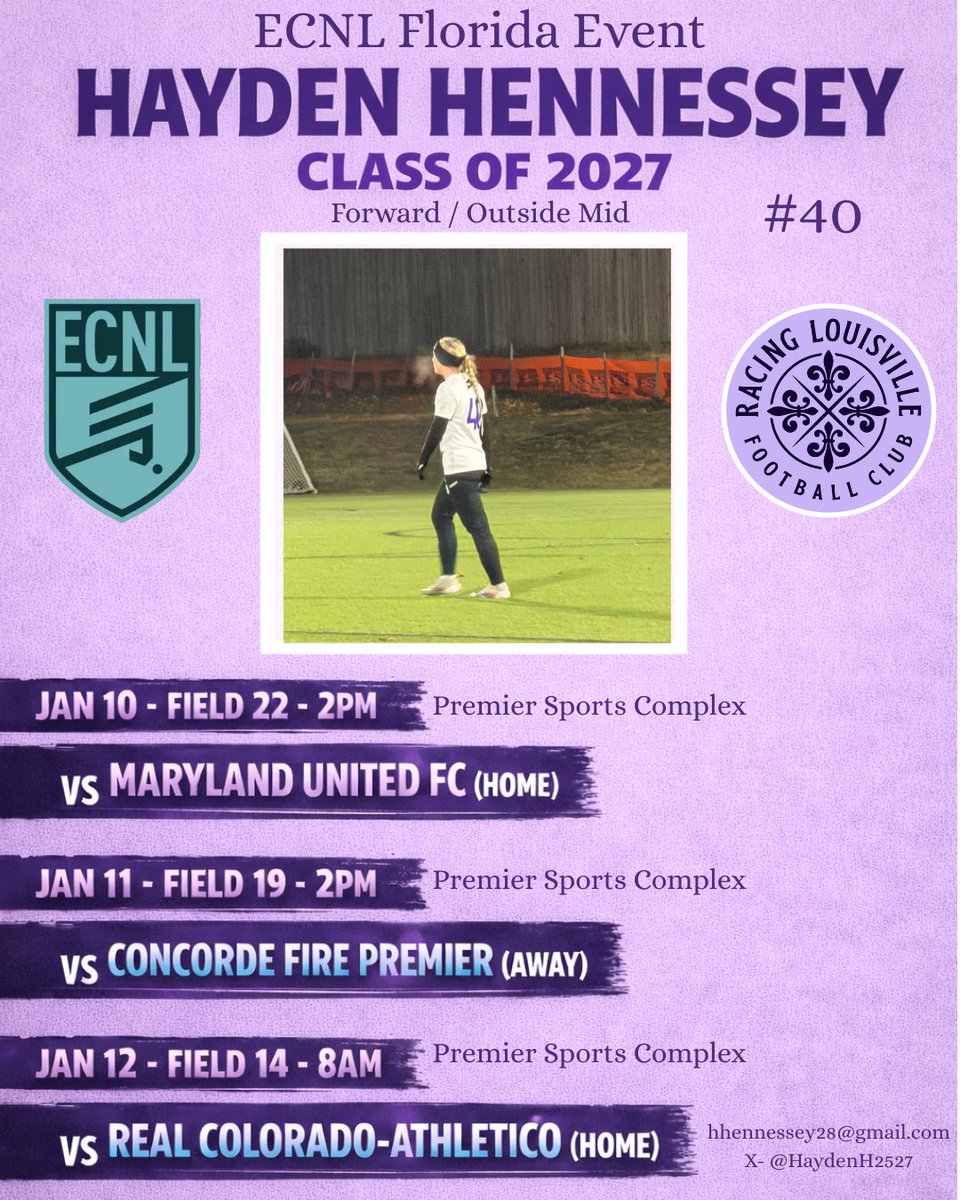 HaydenH2527's tweet photo. Here is my ECNL Florida Event schedule! Excited to play in sunny weather☀️. Hope to see you there! @ECNLgirls @Racing2009_ECNL @ImYouthSoccer @TheSoccerWire @LouCityAcademy @PrepSoccer https://t.co/Ekst3tdVxz