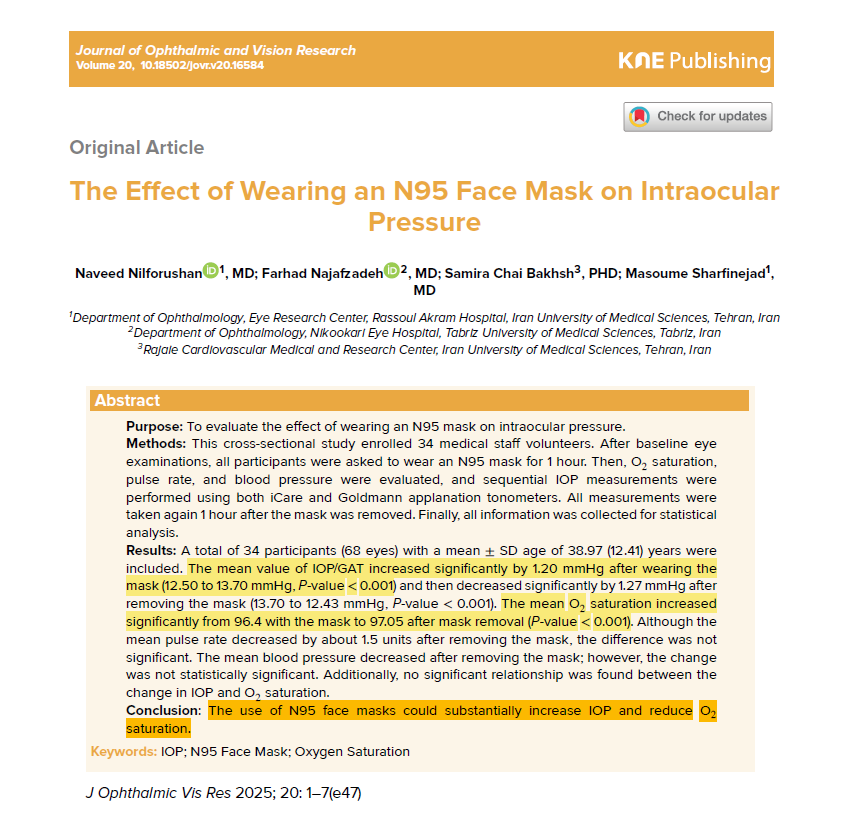 Masks can harm the eyes, especially those previously affected.

another scientific paper shows: 
the use of N95 face masks could substantially increase intraocular pressure (IOP) and reduce oxygen saturation (O2).

kneopen.com/jovr/article/v…

#mask #facemask #masks