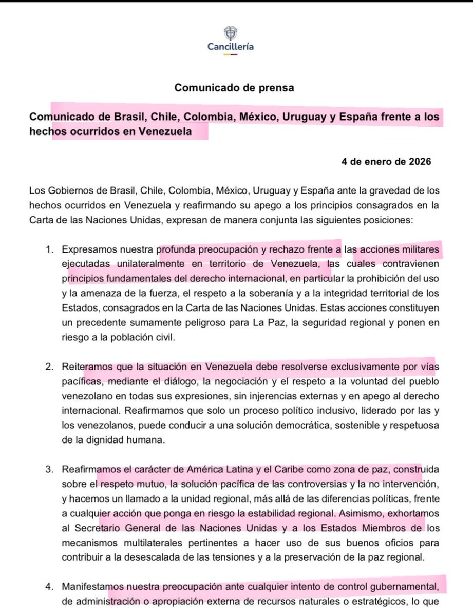 grielpapa's tweet photo. Comunicado de varios gobs, incluyendo a Uruguay.
Rechazo a acciones militares, solución pacífica y negociada en Venezuela, Am Latina zona de paz, buenos oficios de Secret Gral NU, preocupación x cualq apropiación de recursos estratégicos.
No se nombra al agresor/EEUU ni a Maduro. https://t.co/5RbjWFIcVP