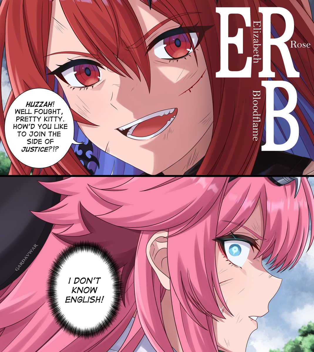 Gardavwar's tweet image. Liz and Raora first encounter. If only the God Eyes can create subtitles.
#BloodflameArt #RaorArt
-P.S. Welcome back, Raora‼️-