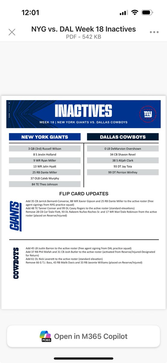 Today’s inactives for #cowboys vs #giants #dalvsnyg