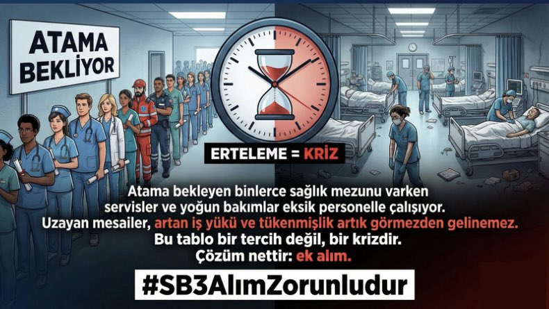 Atama bekleyen binlerce sağlık mezunu varken servisler ve yoğun bakımlar eksik personelle çalışıyor. Uzayan mesailer, artan iş yükü ve tükenmişlik artık görmezden gelinemez. Bu tablo bir tercih değil, bir krizdir. Çözüm nettir: ek alım.

#SB3AlımZorunludur

<a href="/saglikbakanligi/">T.C. Sağlık Bakanlığı</a>