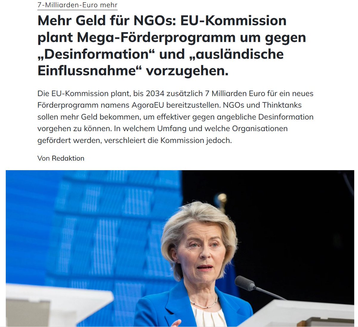 🇬🇧🇺🇸🇨🇦 ++ Orwellian Ministry of Truth reloaded? ++
7 billion euros more for NGOs: EU Commission plans mega funding programme to combat ‘disinformation’ and ‘foreign influence’.
🇩🇪🇦🇹🇨🇭++ Orwellsches Wahrheitsministerium 2.0? ++ 
7 Milliarden € mehr für NGOs: EU-Kommission plant
