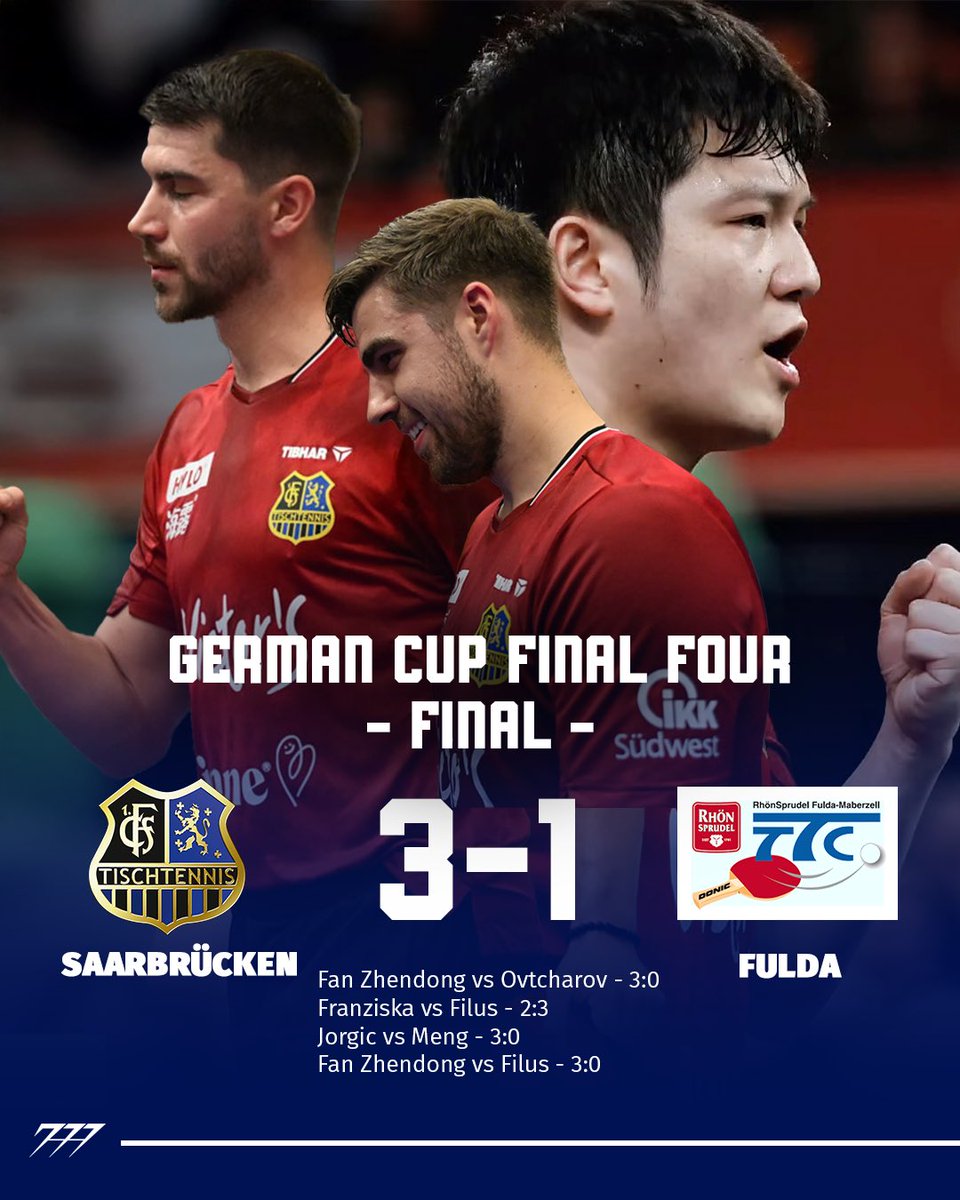 SAARBRÜCKEN IS GERMAN CUP CHAMPION 2026 🏆

Fan Zhendong wins all four of his singles matches today to claim his first title with Saarbrücken!

For Saarbrücken, it’s the first of three possible titles this season — congratulations! 🙌