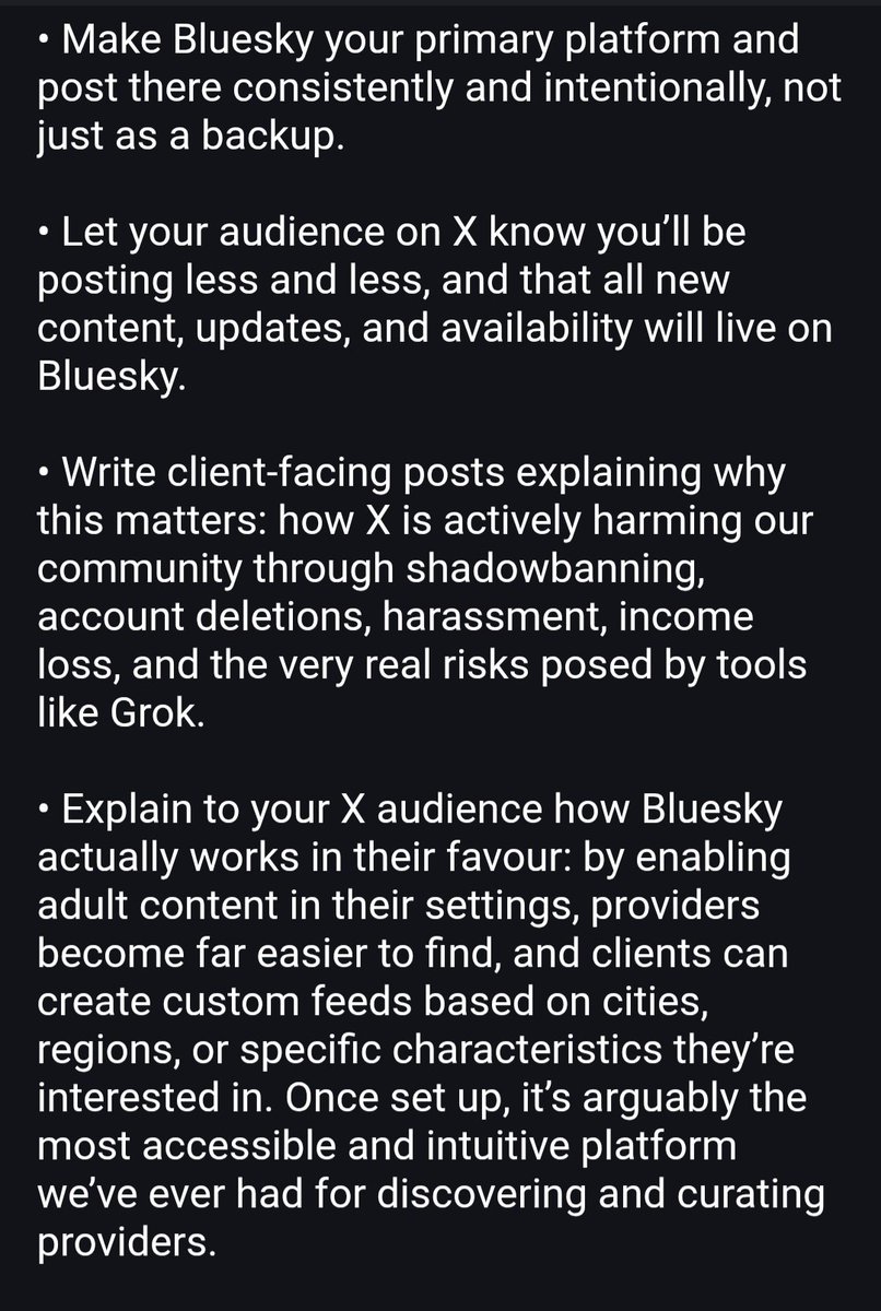 meet_circe's tweet photo. Someone asked me for suggestions on how we can work together to leave X behind and bring our clients over to Bluesky. I wrote a few ideas below.
Please feel free to repost, and reshare on any social media platforms: https://t.co/E71GN60lmn