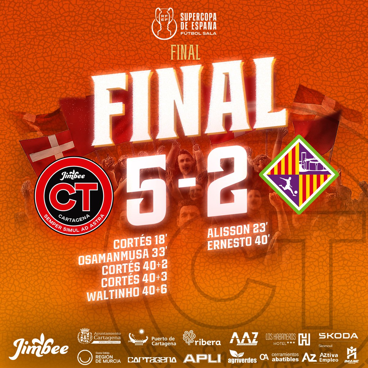 JimbeeCartagena's tweet image. 🔝🏆🇪🇸 - ⏱️ 40' | 5️⃣-2️⃣ | 🏁✅ ¡SOMOS CAMPEONES DE LA SUPERCOPA DE ESPAÑA POR TERCERA VEZ CONSECUTIVAAAAA! 🏆🏆🏆

ESTO NO TIENE NOMBREEEEEEE

ESTOS ES SIMPLEMENTE CARTHAGOOO

❤️ ¡GRACIAS INFINITAS, AFICIÓN! 🤍

#JimbeePalma #SupercopaFS
