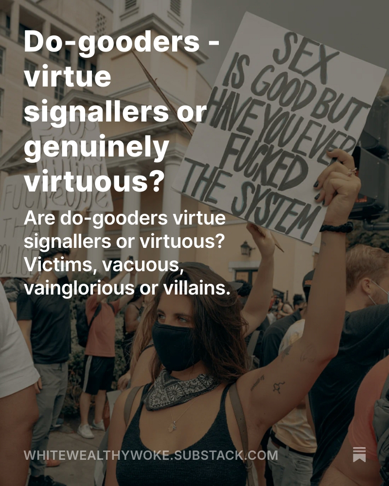 Some folk get really pissed off with do-good-ers.

I used to assume that 'virtue signallers' just pricked their consciences, hurt their egos like a kick in the vanity-testes with a steel toe-capped, union-made vegan boot.

But maybe they've got a point...
open.substack.com/pub/whitewealt…