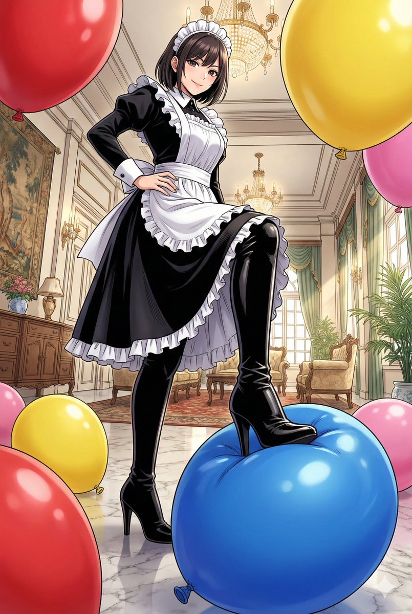 「坊ちゃま。夜な夜な風船で遊ぶので成績が下がる一方なのでご主人様が怒っておられます。大切な風船はヒールで全部で割ってしまいますね。あら、風船がキュッキュッって鳴く音がたまらない？また、変な趣向を目覚めさせてしまいましたね 」 
"Young master. Your master is most displeased that your