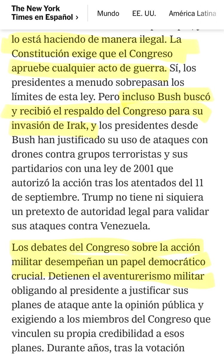rodolfoasar's tweet photo. Durísimo editorial del NYT.

No sólo que Trump viola el derecho internacional atacando a Venezuela, sino también la Constitución de EE.UU.

Porque está obligado a consultar al Congreso, pero sabe que se opondrán incluso líderes de su propio partido.

No, no es el rey del mundo. https://t.co/ogST20D24U
