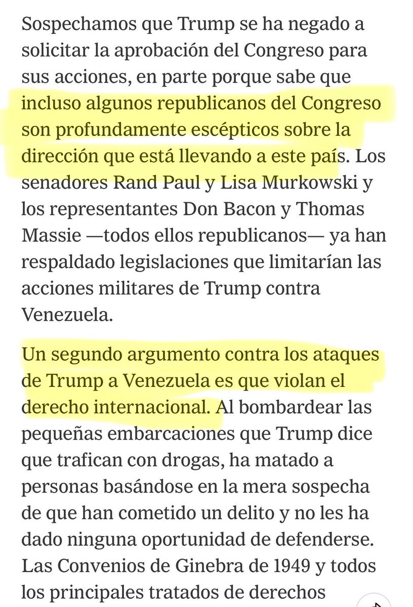 rodolfoasar's tweet photo. Durísimo editorial del NYT.

No sólo que Trump viola el derecho internacional atacando a Venezuela, sino también la Constitución de EE.UU.

Porque está obligado a consultar al Congreso, pero sabe que se opondrán incluso líderes de su propio partido.

No, no es el rey del mundo. https://t.co/ogST20D24U