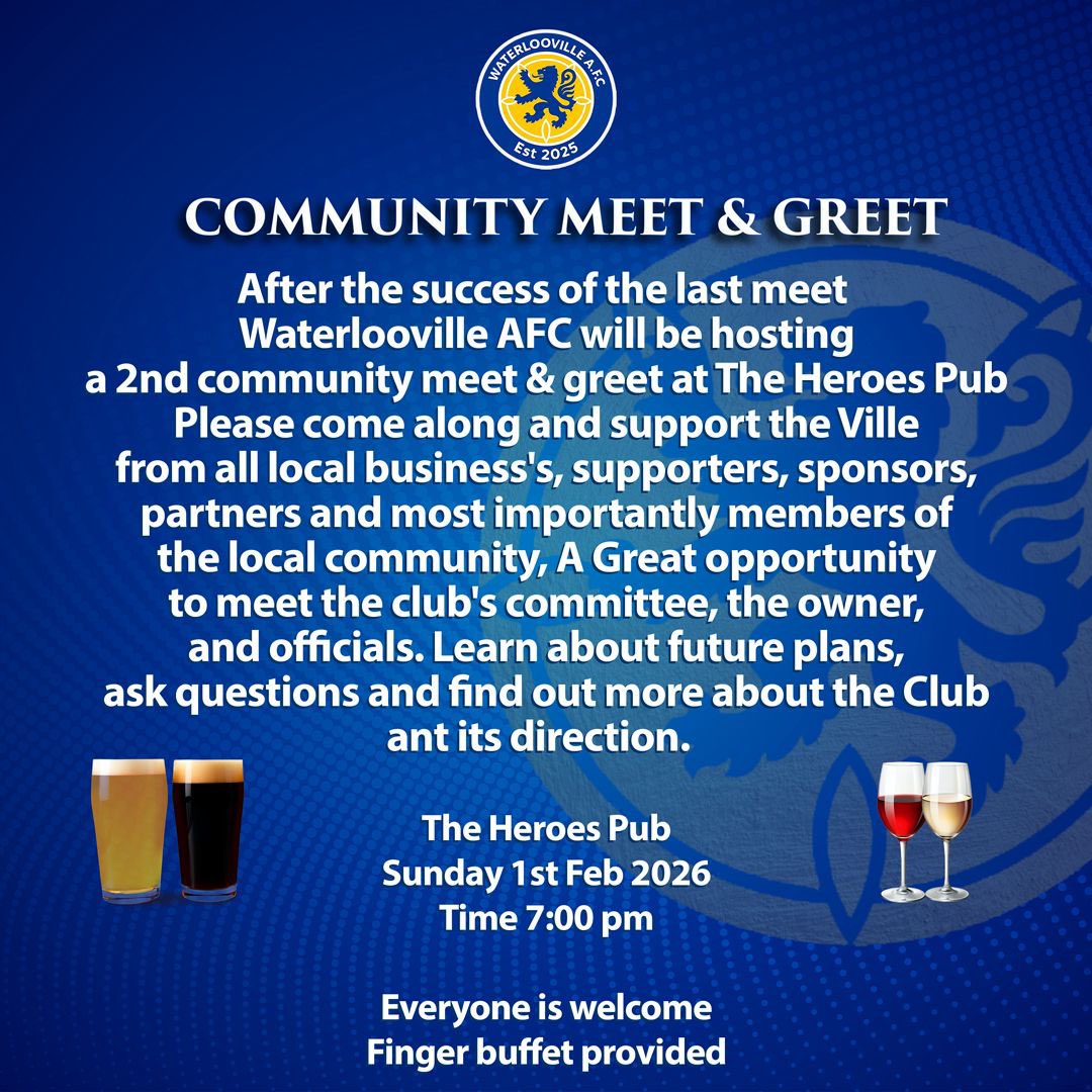 waterloovillafc's tweet photo. Following the success of our first Meet & Greet, we’re pleased to confirm our second Community Meet & Greet at The Heroes Pub. We look forward to welcoming supporters, partners, and members of the local community.
#uptheville #WaterloovilleTyres #ENMAC #playgroundportsmouth #headlineprinters