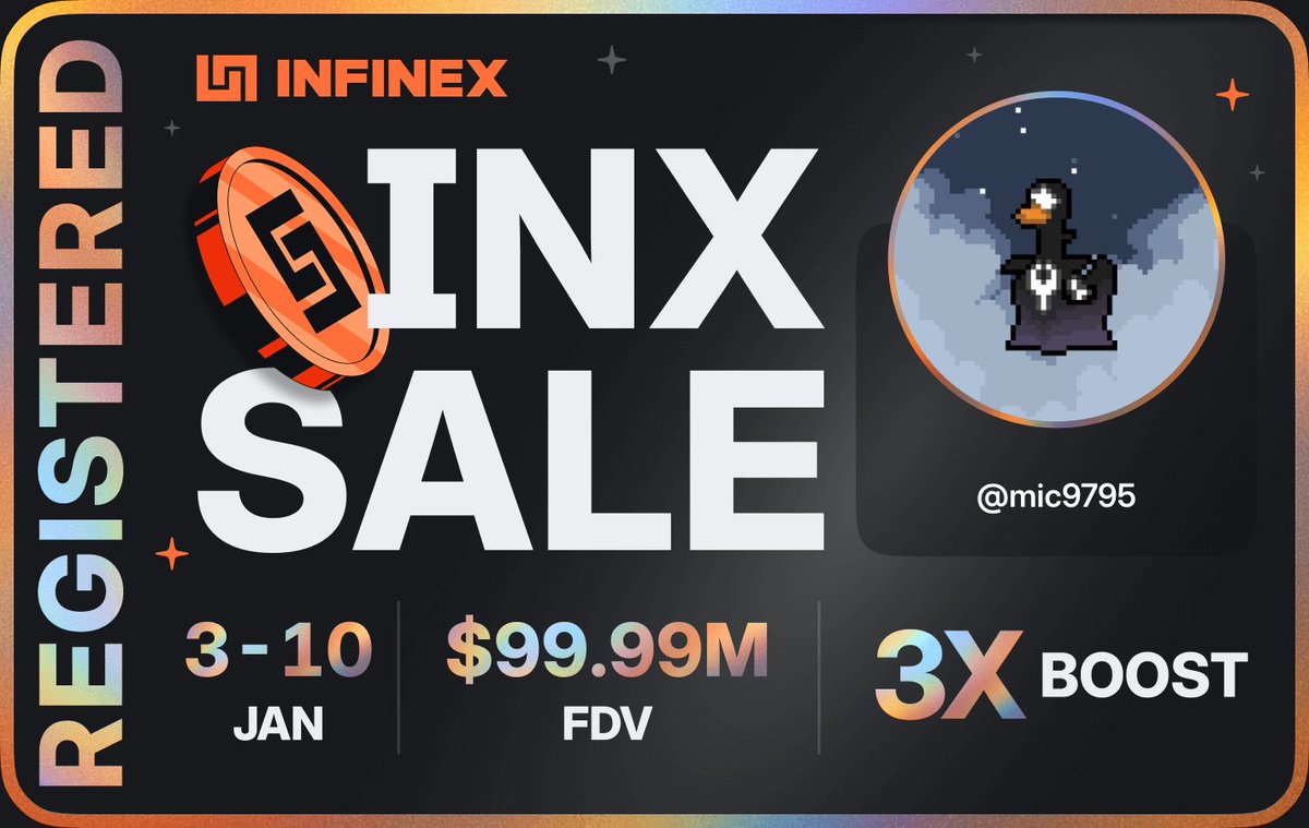 mic9795's tweet photo. I'm registered for the @infinex sale - $99.99M FDV, 3-10 Jan, 2026 https://t.co/m3Kk3aOxXN