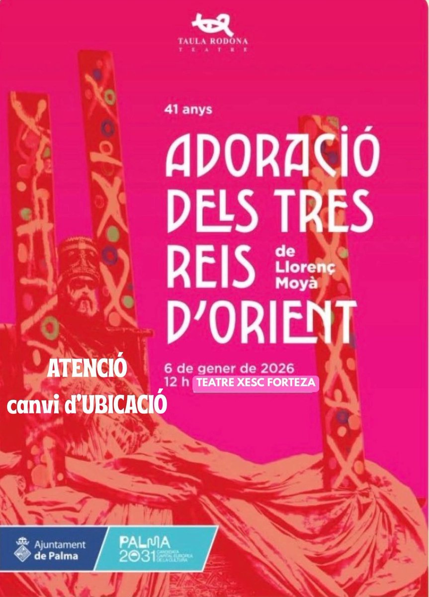 Atenció! Per possibilitat de pluja, canvi d'ubicació! Serà al Teatre Xesc Forteza. Dia 6 a les 12 h ❤️

Per reservar entrades a:

giglon.com/todos?idEvent=…
