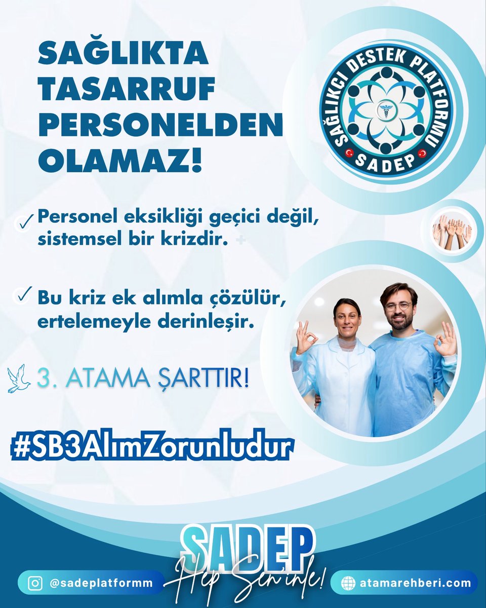 Personel eksikliği tasarruf değildir; hizmet kaybıdır, kalite düşüşüdür, hasta güvenliği riskidir.
Sağlık sisteminin güçlenmesi için 2024 KPSS ile bir alım daha yapılmasını talep ediyoruz.

#SB3AlımZorunludur

<a href="/tcbestepe/">T.C. Cumhurbaşkanlığı</a> <a href="/RTErdogan/">Recep Tayyip Erdoğan</a>
<a href="/saglikbakanligi/">T.C. Sağlık Bakanlığı</a> <a href="/drmemisoglu/">Prof. Dr. Kemal Memişoğlu</a> <a href="/sagliklicozum/">T.C. Sağlık Bakanlığı Sağlıklı Çözüm</a>