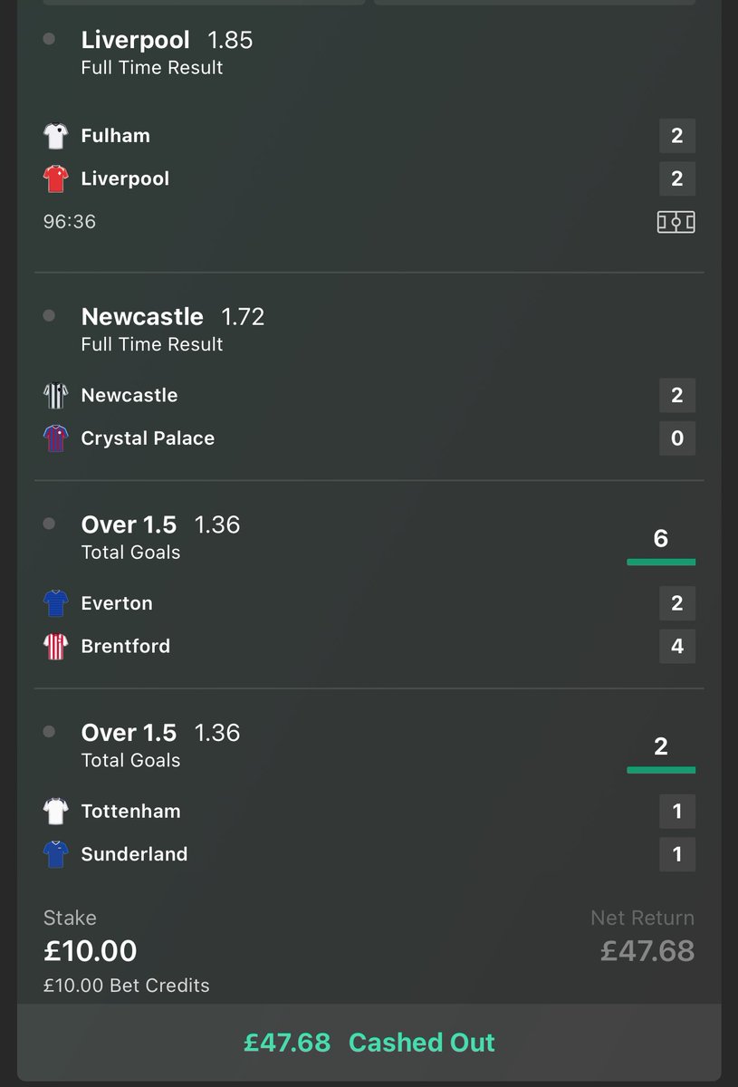 TudzAFC's tweet photo. Cashed out RIGHT before the Fulham equaliser 🤣🤞 #FULLIV https://t.co/QFNB7Y4KfV