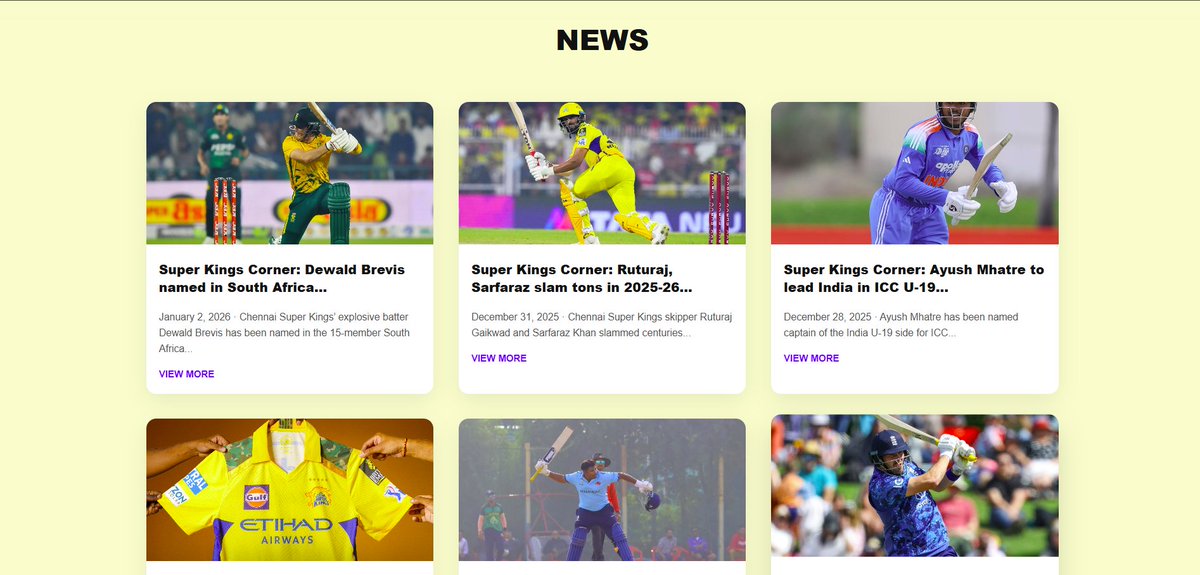 bishalcodes's tweet photo. Built a CSK Fan Page Website 
Tech Stack : HTML | CSS | JavaScript (basic)
Implemented responsive layouts.
Player profiles &amp; match sections.
Clean UI inspired by official page.
This is part of my continuous learning journey in web development. 
#buildinpublic #coding
#WebDev https://t.co/j3XrA6BiiI