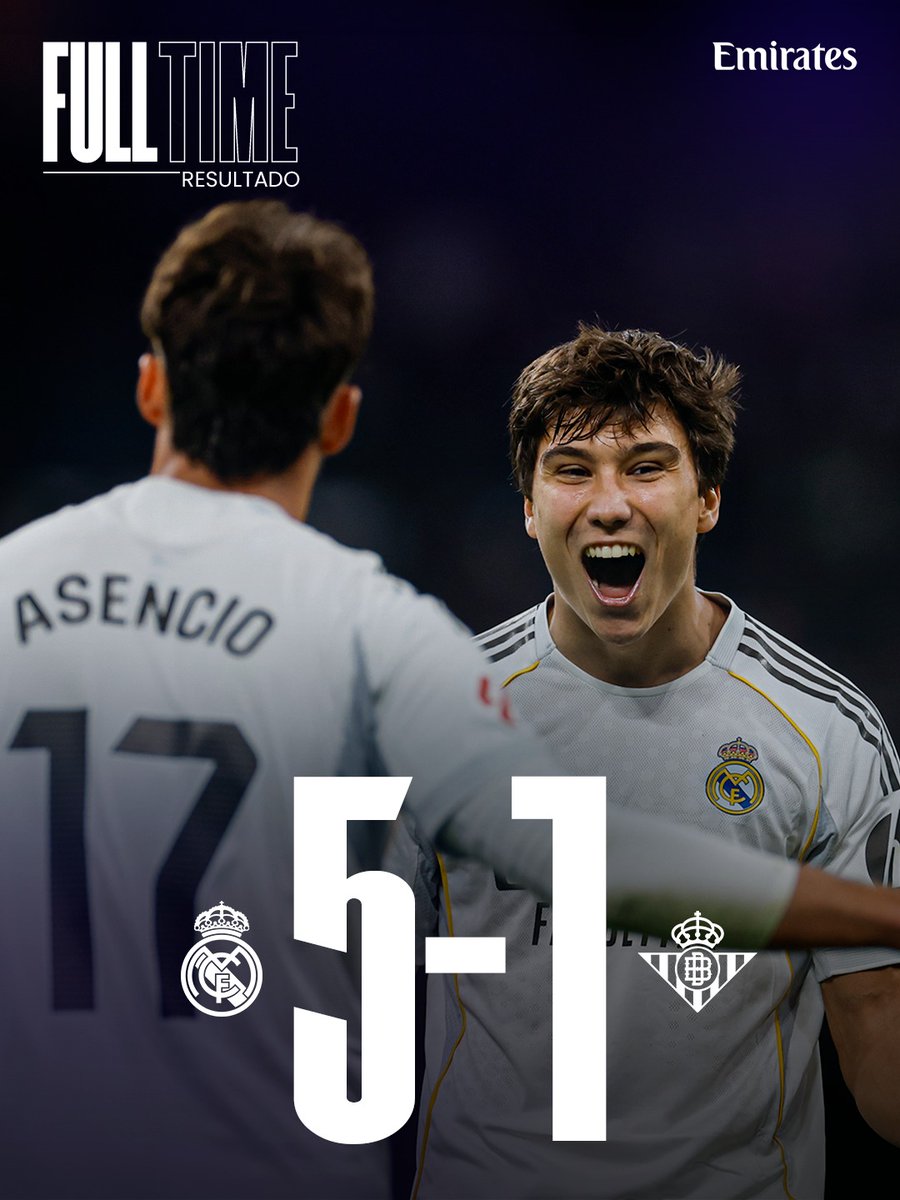 realmadrid's tweet image. 🏁 FP: @RealMadrid 5-1 @RealBetis
⚽ 20' @gonzalo7garcia_
⚽ 50' @gonzalo7garcia_
⚽ 56' @RaulAsencio_17
⚽ 66' C. Hernández
⚽ 82' @gonzalo7garcia_
⚽ 90'+3' @Frangarcia_11 
👉 @Emirates