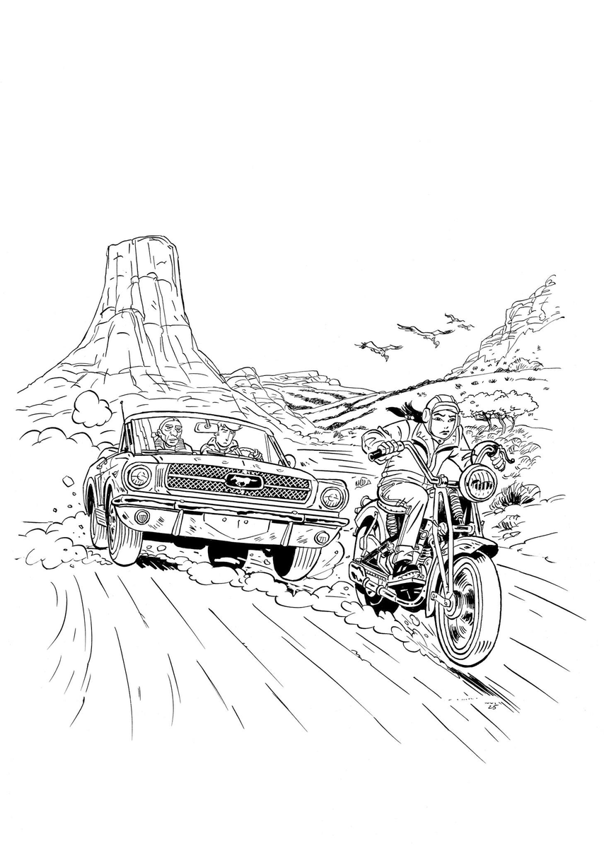 stripland_BENL's tweet photo. En dit zou de covertekening van het album in kwestie worden. In deel 6 van #BrianBones speelt een rode #Mustang de hoofdrol. Wanneer dit op de planning zal verschijnen bij #SilvesterStrips is nog onbekend. #GeorgesVanLinthout #Rodolphe https://t.co/L4Gh4f06dq