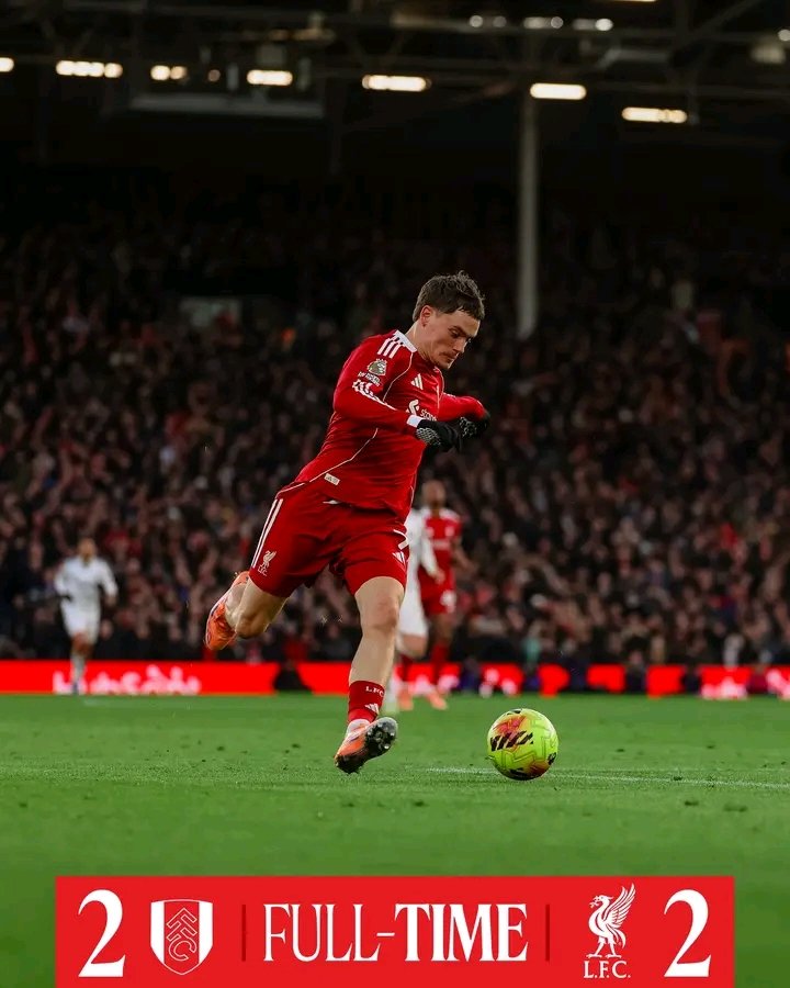 SeaMediaHQ's tweet photo. β±οΈ FULL-TIME | Premier League
βͺ Fulham 2β2 π΄ Liverpool
Liverpool are held to a draw after a competitive encounter π€β½
Points shared at the final whistle.
#FULLIVE
#PremierLeague https://t.co/P25etLMyjG
