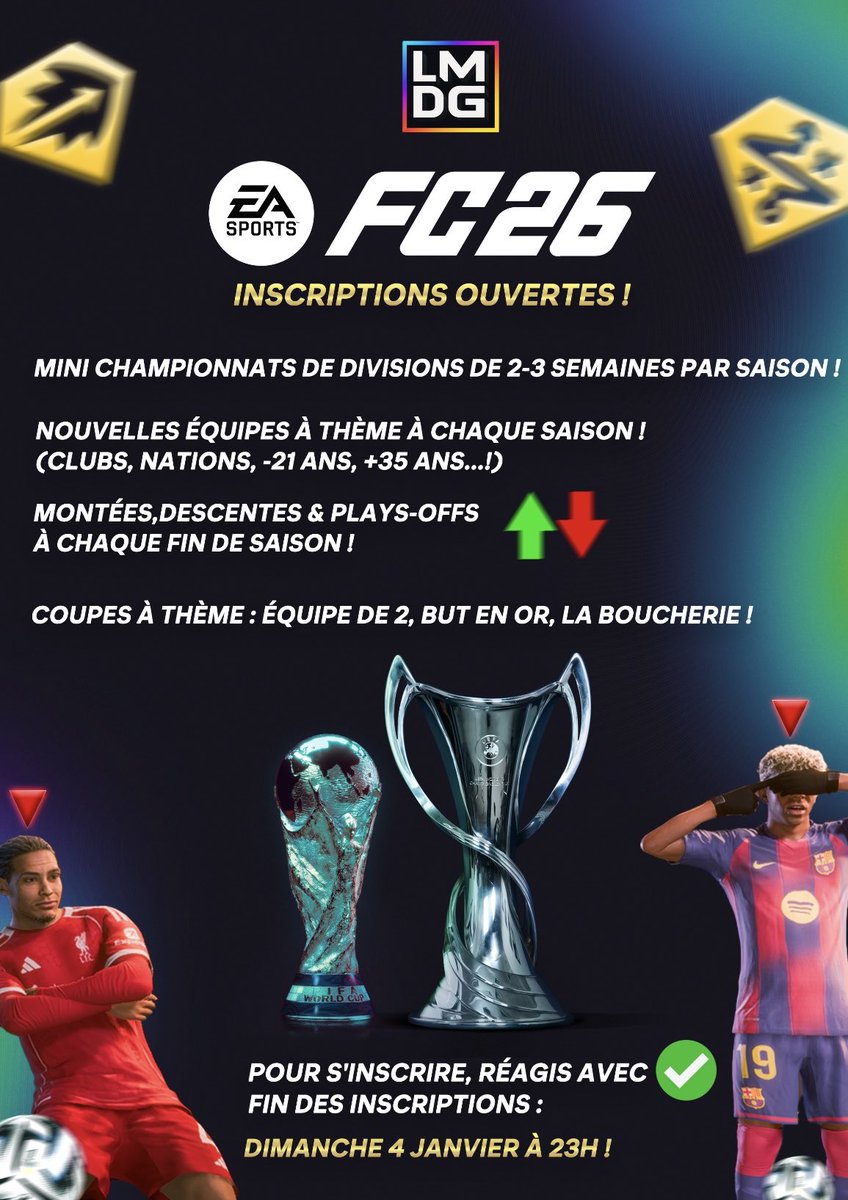 LmdgOff's tweet photo. Salut à tous ! 🫡

Le Monde Des Gamers vous propose deux modes classés ( Classique et FUT ) sur long terme, chaque saison nouveau thème, saison avec équipe personnalisé, coupe inter divisions etc 🏆

Rejoins nous sur Discord ⬇️
https://t.co/k62T7cAzhU

#fut #FC26 #tournoi https://t.co/a9dcUCL2bx