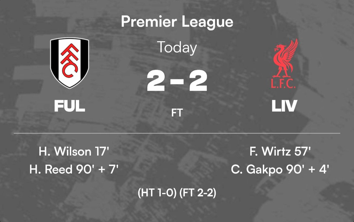 UmpireFourth's tweet photo. FULL TIME ⏱️
Liverpool 2️⃣–2️⃣ Fulham
From ecstasy to heartbreak 💔
Gakpo (95’) put Liverpool ahead, but Fulham refused to quit as Reed (97’) grabbed a dramatic equaliser.
#Liverpool #Fulham #LIVFUL #PremierLeague #Anfield #LateGoals #InjuryTimeDrama #EPL #Football https://t.co/r0UX8AaT6c