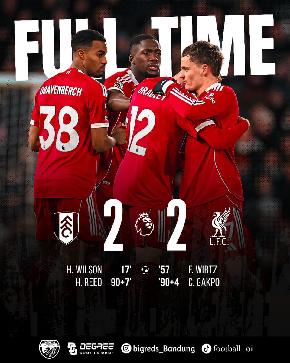 IMBANG DEUI 🥲 

• Fulham main bertahan, tapi pemain yang bisa ngacak2 baru dimasukin menit akhir (Frimpong menit 76, Chiesa menit 89, Ngumoha ga dimainin sama sekali)
• Gol Gakpo di injury time sempat buat Liverpool unggul, tapi langsung dibalas oleh Reid. 

Komentarna daks?