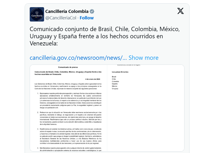 🔴 DIRECTO | España, Brasil, Chile, Colombia, México y Uruguay publican un comunicado conjunto en el que manifiestan su rechazo a "las acciones militares ejecutadas unilateralmente" en Venezuela
 social.elpais.com/9pblm30