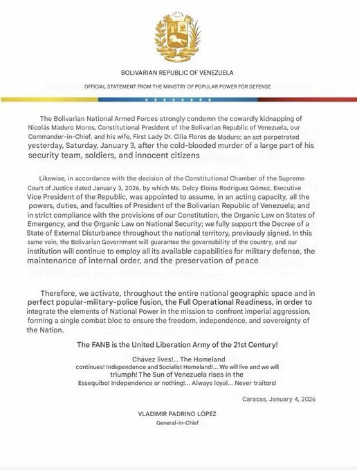 Right_Journal's tweet photo. BREAKING: 🇻🇪 The Venezuelan military has backed Vice President Delcy Rodríguez as interim president. They say President Maduro has been kidnapped and the US is behind it. So they are preparing the entire country. https://t.co/DLybSPyRJ0