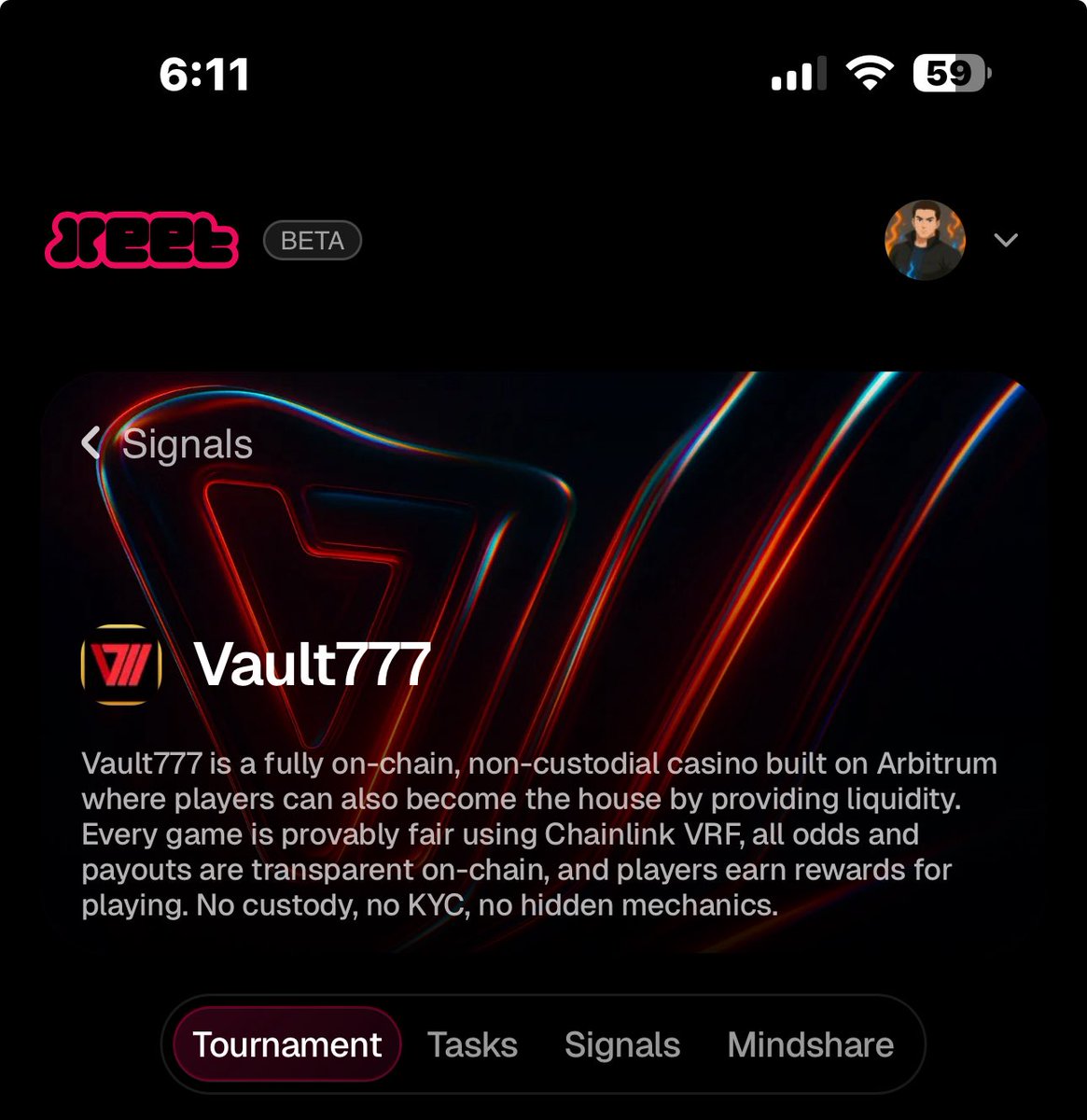 New project on <a href="/xeetdotai/">xeet</a> ..a crypto casino <a href="/Vault777Casino/">Vault777</a> 

Every bet on vault777 goes straight to blockchain smart contracts .. haven’t tried it yet but I hear outcomes are provably fair and fully auditable

I will explore vault777 more and drop more infos