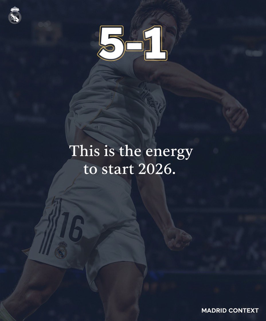 Madrid_Context's tweet photo. 5–1 at the Bernabéu.
Gonzalo García hat-trick, Raúl Asencio’s first at home, Fran García to finish it off – and Fede bossing the right side with Rodrygo pulling strings between the lines.
This is the energy to start 2026. 🤍 

#RealMadrid #HalaMadrid #LaFabrica https://t.co/IuvOVullY6