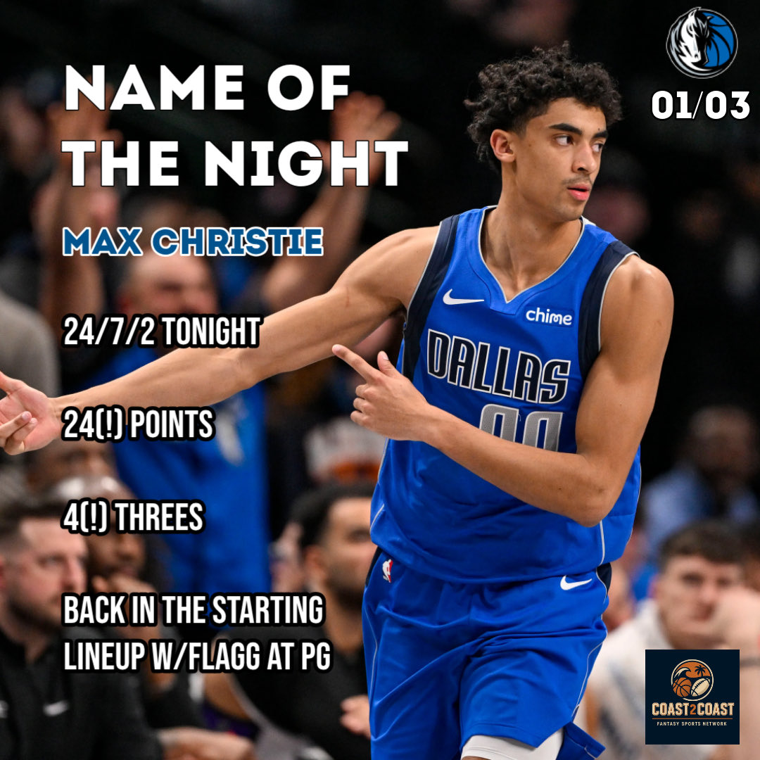 C2CFantasyNBA's tweet photo. Name of the Night 1/3 - Max Christie

🔥77% FG
🔥🔥4 threes
🔥🔥🔥24 points

⏰31.4 MPG in his last 5 games

💎Ranked 33rd over the last week

🤔Fringe roster as a starter, if you want to do it go for it but not a must https://t.co/eNuz3iNJvY