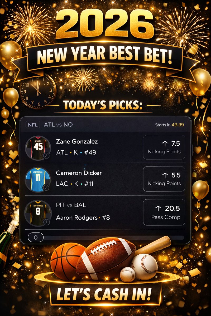 3dgeledger's tweet photo. FIRST BET OF 2026 🎆💰

Zane Gonzalez o7.5 KP
• L10: 70% | Avg 8.1 | H2H: 100%

Aaron Rodgers o20.5 Completions
• Win or go home game
• L5: 80% | Avg 20.6 | H2H: 100%

Cameron Dicker o5.5 KP
• L10: 90% | Avg 9.2
Resting starters = more FG chances.

#NFLProps #PrizePick #NFL https://t.co/xT90LkRIYb