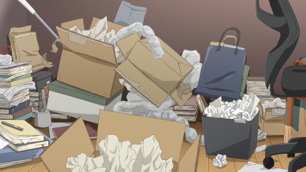 Yuyucow's tweet image. The animation in the first episode is great in the exact type of way that people take for granted, despite how rare this breed of technical excellence has become. In short: that clutter is really fucking good &amp;amp; thematically important