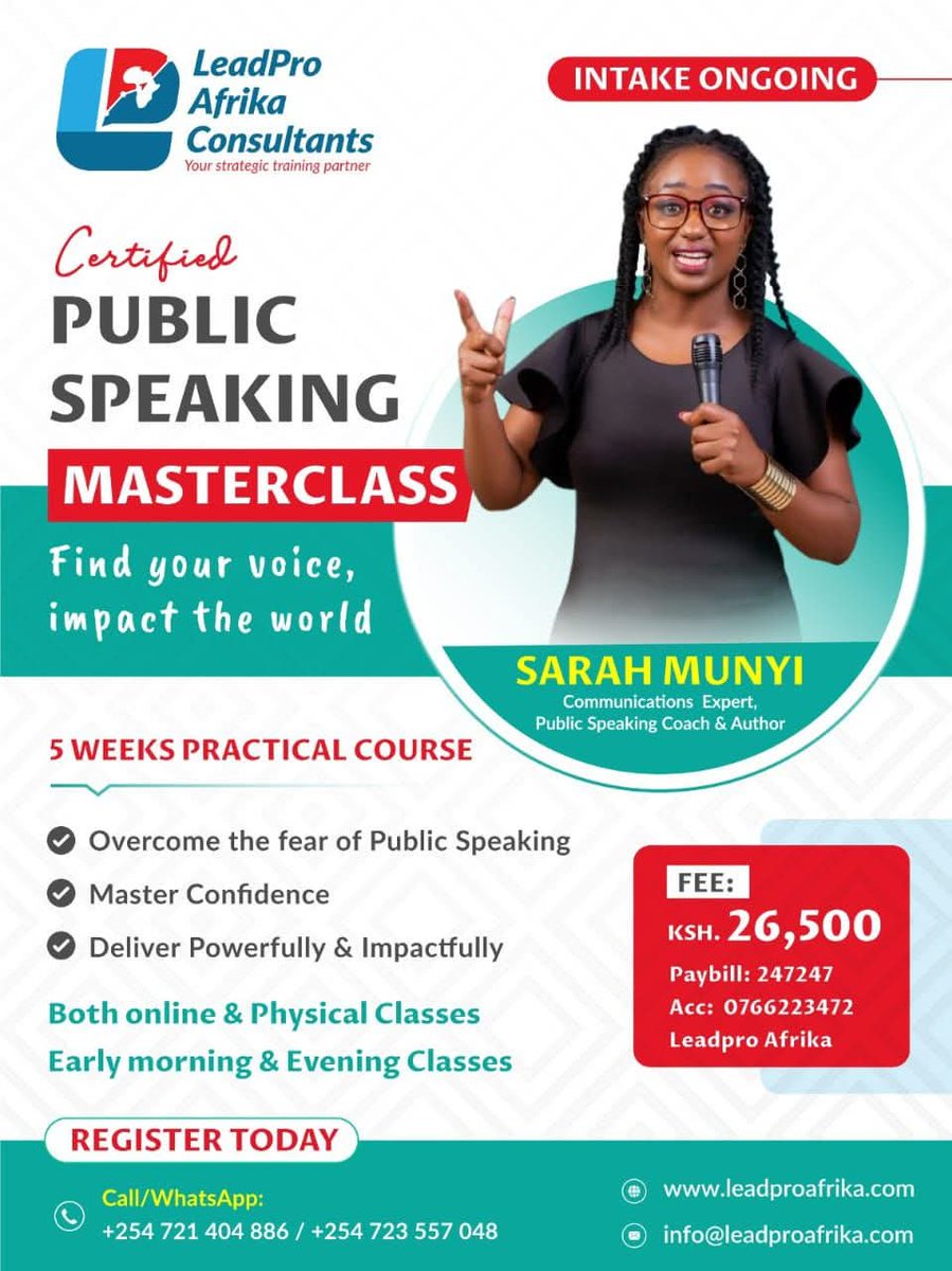 LeadproAfrika's tweet photo. Our January Intake is here! 
What is your greatest fear in public speaking?

Forgetting what to say?

Fear of judgement by the audience?

Embarrassing yourself by making mistakes?

📌Not being impactful or memorable?

Register for our January Intake. Call/Whatsapp+254721404886 https://t.co/T7wHPXYpEw