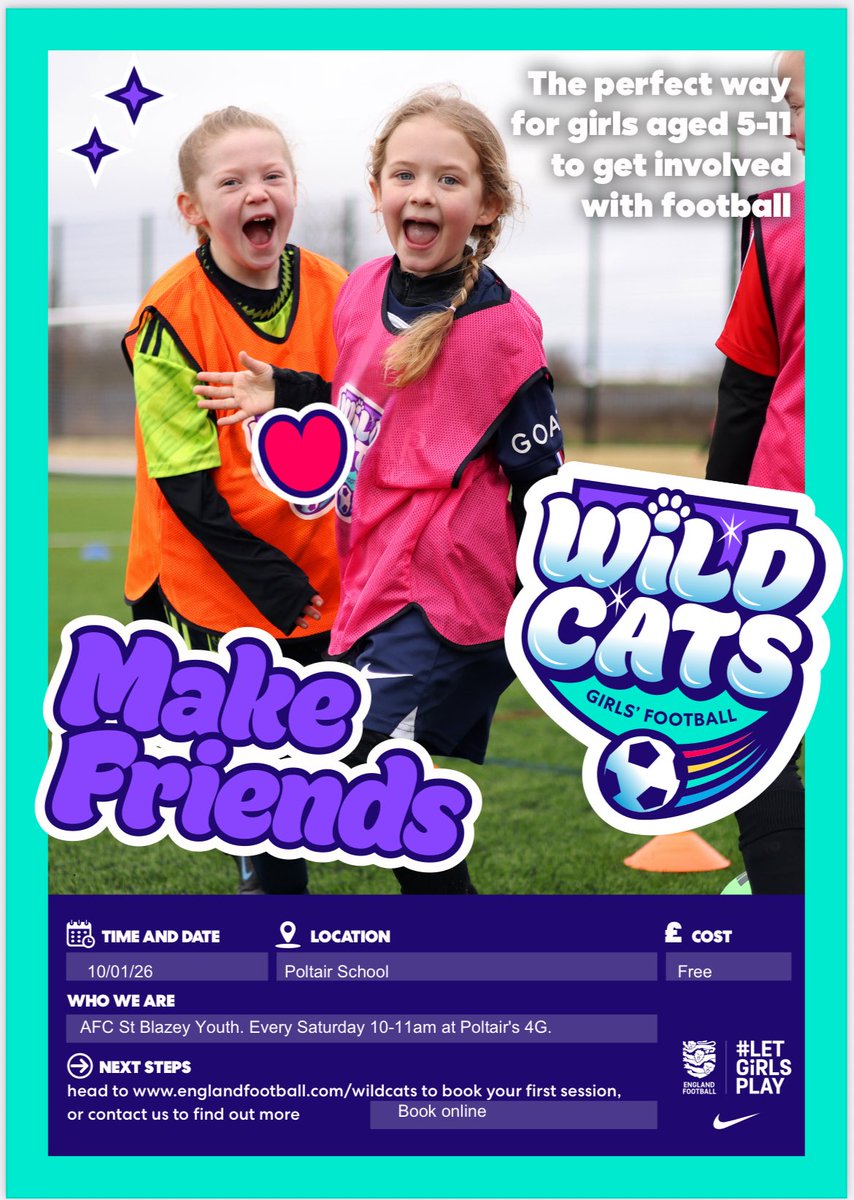 We have introduced lots of new girls into our female pathway in recent weeks but to try and attract even more; we have enrolled into a Wildcats programme. 

1st session scheduled for 10th January. To book your FREE spot, please use the link below:

find.englandfootball.com/venue/6b851f68…