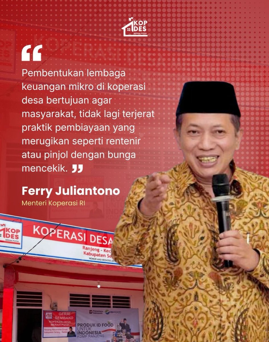 Koperasidesamp's tweet photo. Pembangunan ekonomi desa dimulai dari perlindungan
masyarakatnya!

Menteri Koperasi RI, Ferry Juliantono, menegaskan pentingnya pembentukan lembaga keuangan mikro di dalam koperasi desa. Langkah ini diambil sebagai benteng utama agar warga desa tidak lagi terjebak dalam praktik https://t.co/MdxuTxEZoi